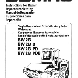 Puede incluir: Un diagrama en blanco y negro de un rodillo vibratorio de un solo tambor de la serie BOMAG BW 213. La imagen incluye el logotipo de BOMAG, los números de modelo y texto en varios idiomas, incluyendo "Instrucciones para Reparación".