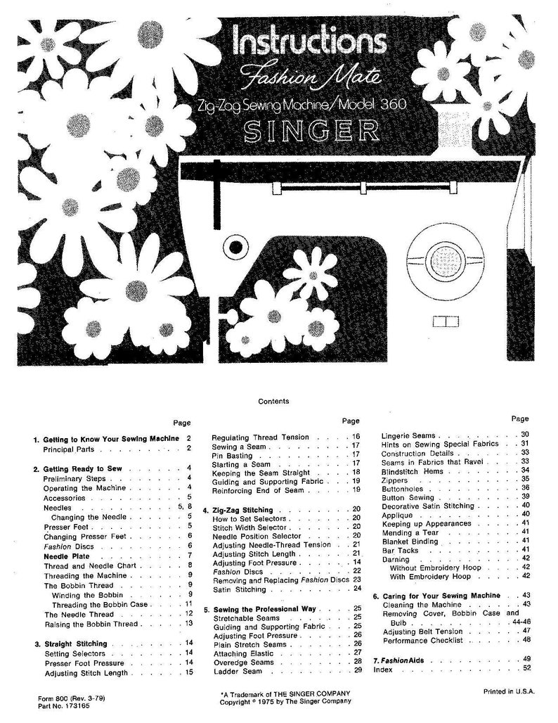 Singer 360 Fashion Mate Sewing Machine Instruction Manual Etsy