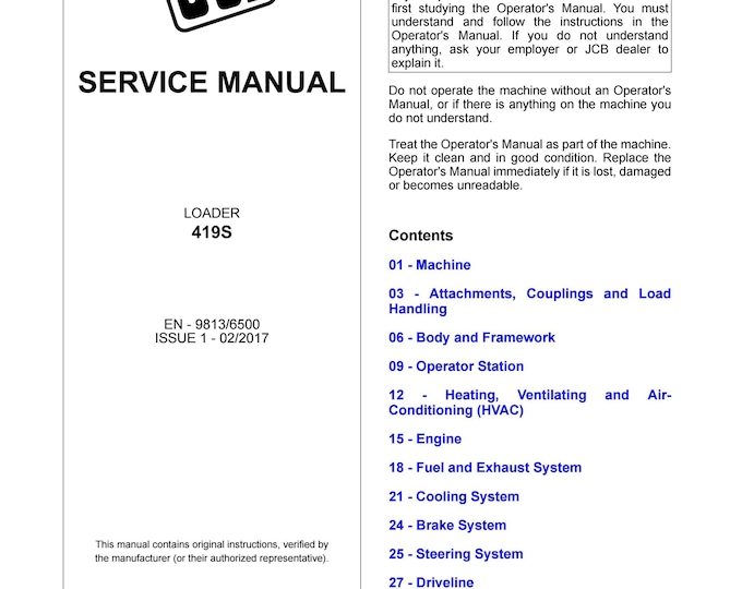 JCB LOADER 419S - Service Manual - Parts Manual - Owners Manual (Pdf Download)