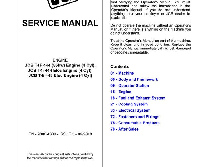 JCB T4F 444 - Workshop Manual - Service Manual - Parts Manual - Owners Manual