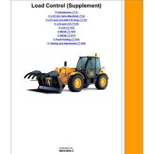 Könnte beinhalten: Ein Servicehandbuch mit dem Titel "Load Control (Supplement)" mit einem JCB-Logo. Das Handbuch zeigt einen gelben JCB-Lader auf dem Cover. Die Publikationsnummer ist 9803/3665-3.