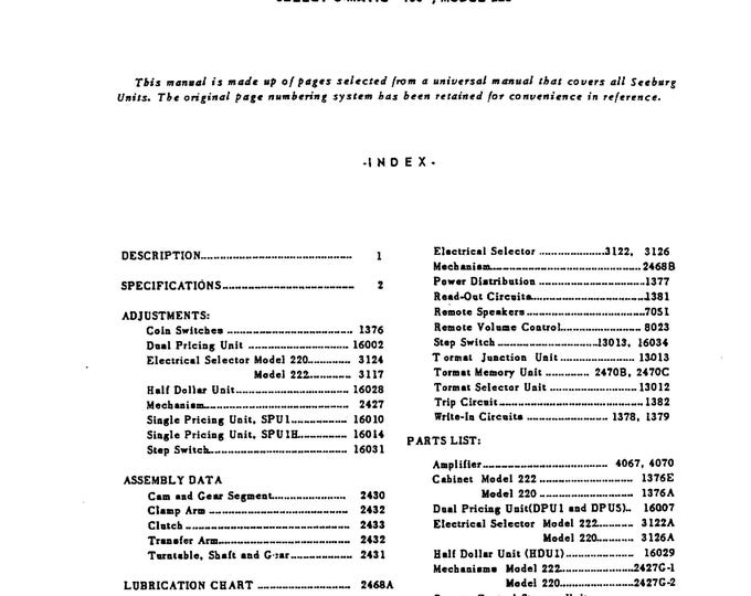 Seeburg - Select-O-Matic -100 - 160 - 222 - 220 - Phonograph - Service Manual  - Workshop Manual - English
