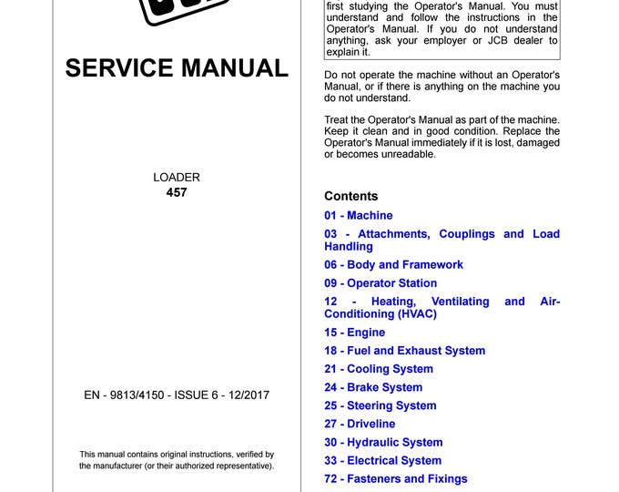JCB LOADER 457  -Service Manual - Parts Manual - Owners Manual (PDF Download)