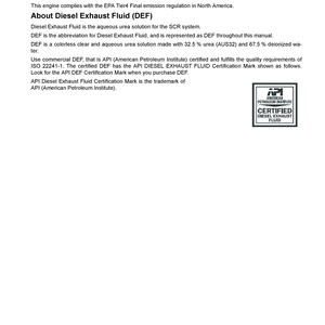 May include: A black and white image of a certification mark for Diesel Exhaust Fluid (DEF). The mark is a circle with the text "API American Petroleum Institute" and "Certified Diesel Exhaust Fluid" inside.
