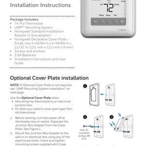 Puede incluir: Termostato programable Honeywell T4 Pro blanco con pantalla digital que muestra la temperatura y la configuración. Se incluyen instrucciones de instalación y diagramas, junto con una placa de cubierta decorativa y accesorios de montaje.