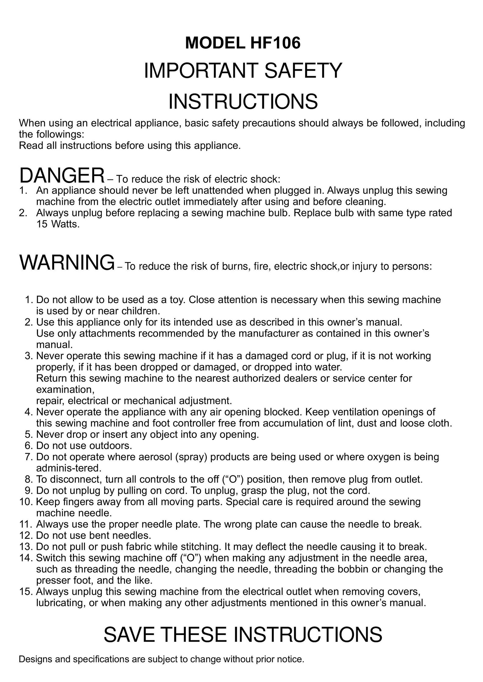 Janome HF106 Sewing Machine Instruction Manual User Manual Complete