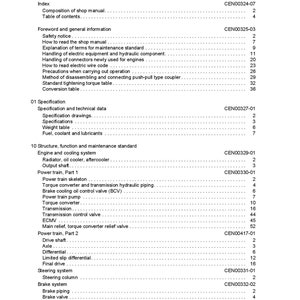 May include: A black and white table of contents for a shop manual. The table of contents lists the different sections of the manual, including the index, foreword, specification, and structure, function, and maintenance standard. The page number for each section is listed next to the section title.