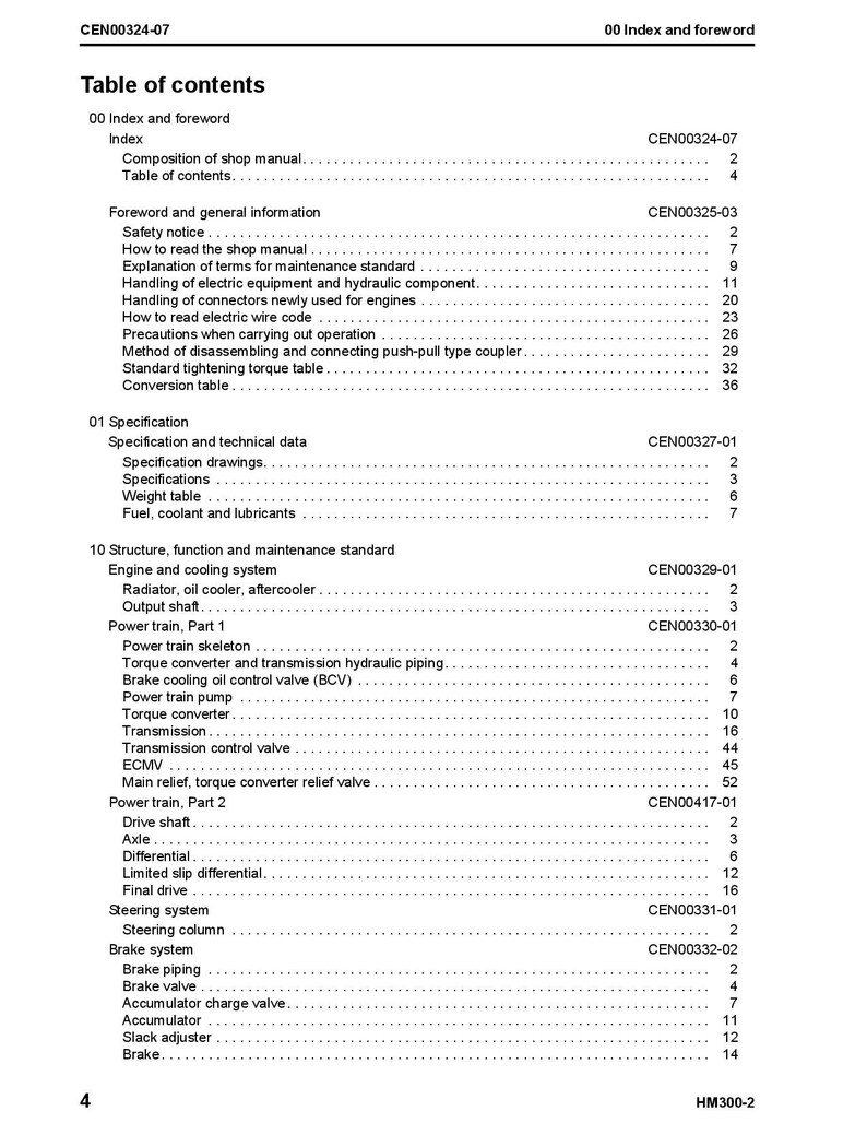 May include: A black and white table of contents for a shop manual. The table of contents lists the different sections of the manual, including the index, foreword, specification, and structure, function, and maintenance standard. The page number for each section is listed next to the section title.