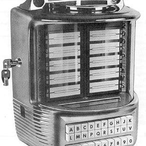 May include: A vintage chrome jukebox with a key and selection buttons. The top reads "3 plays quarter, 1 play 10 cents" and "Select". The front has letter and number buttons. The jukebox is a classic piece of music history.