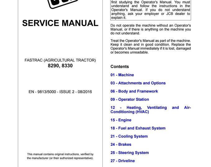 JCB FASTRAC  8290, 8330 - Service Manual - Parts Manual - Owners Manual (Pdf Download)