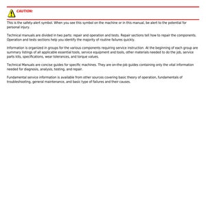 Pu&ograve; includere: Una pagina in bianco e nero di un manuale tecnico con il titolo "Prefazione" e il testo "Vivi in sicurezza: leggi i messaggi di sicurezza nell'introduzione di questo manuale e le precauzioni presentate in tutto il testo del manuale." Viene mostrato un simbolo di attenzione con un triangolo e un punto esclamativo. Il testo "ATTENZIONE" &egrave; sotto il simbolo. Il testo "Questo &egrave; il simbolo di avviso di sicurezza. Quando vedi questo simbolo sulla macchina o in questo manuale, fai attenzione al rischio di lesioni personali." &egrave; sotto il simbolo di avviso di sicurezza. Il testo "Sezione 05 pagina 1" &egrave; in fondo alla pagina.