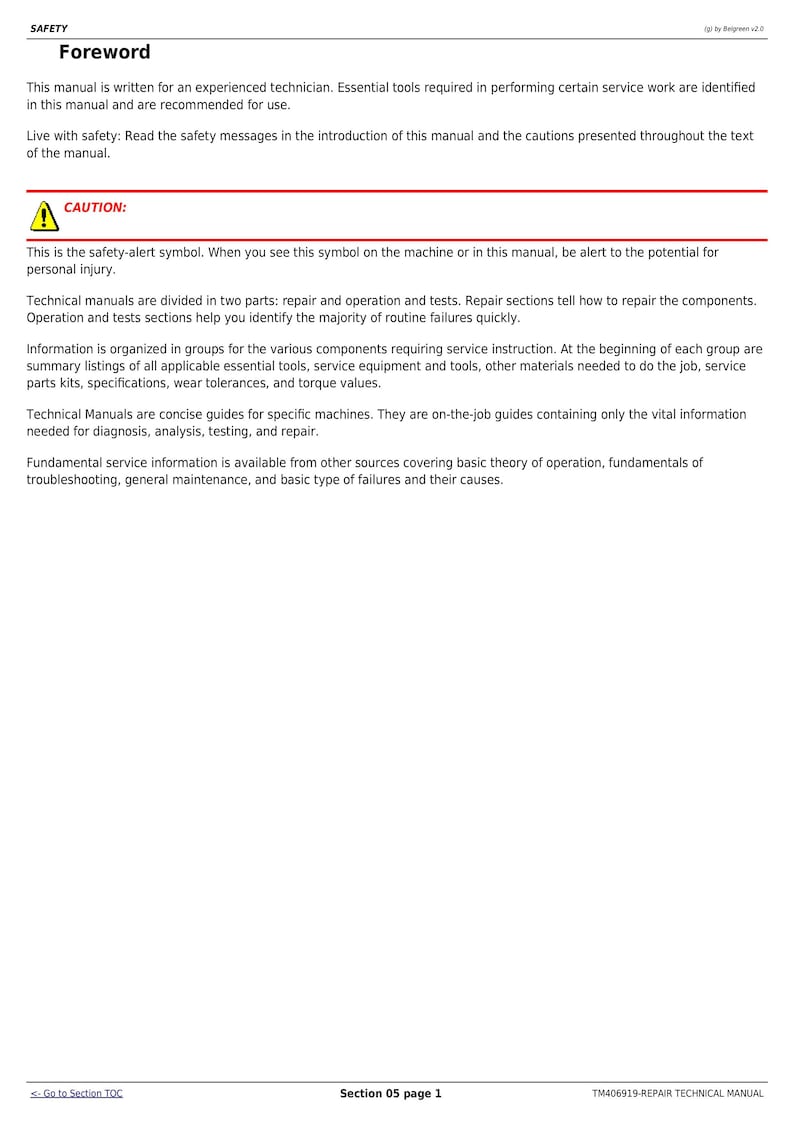 Pu&ograve; includere: Una pagina in bianco e nero di un manuale tecnico con il titolo "Prefazione" e il testo "Vivi in sicurezza: leggi i messaggi di sicurezza nell'introduzione di questo manuale e le precauzioni presentate in tutto il testo del manuale." Viene mostrato un simbolo di attenzione con un triangolo e un punto esclamativo. Il testo "ATTENZIONE" &egrave; sotto il simbolo. Il testo "Questo &egrave; il simbolo di avviso di sicurezza. Quando vedi questo simbolo sulla macchina o in questo manuale, fai attenzione al rischio di lesioni personali." &egrave; sotto il simbolo di avviso di sicurezza. Il testo "Sezione 05 pagina 1" &egrave; in fondo alla pagina.