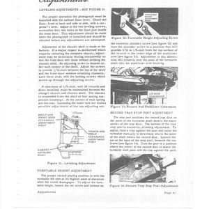 Puede incluir: Diagramas e instrucciones para ajustes de fonógrafo, incluyendo nivelación, altura de la plataforma giratoria y ajustes del poste de parada de la bandeja de discos. Ilustraciones detalladas con etiquetas y medidas en pulgadas.
