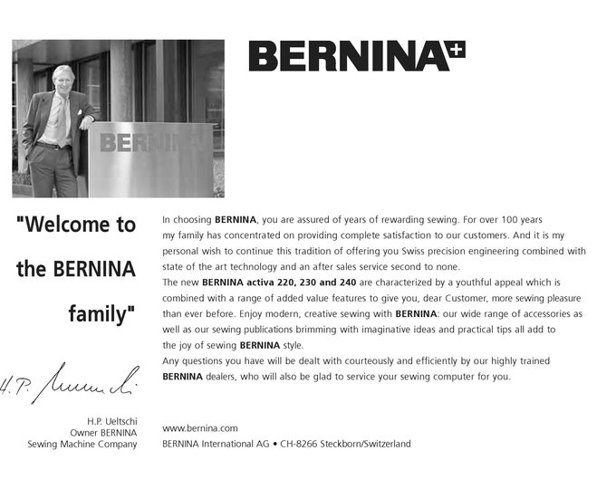 BERNINA activa 220 Sewing Machine Instruction Manual - User Manual - Complete User Guide - English