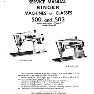 May include: Black and white service manual for Singer sewing machines of classes 500 and 503. The manual includes illustrations of the machines and instructions for operation, threading, and needle selection.  The manual is a supplement to Form 20732.