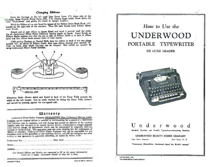Underwood De Luxe Leader Typewriter Instruction Manual - User Manual - Complete User Guide