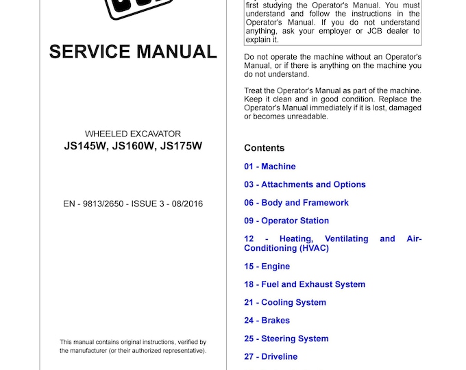 JCB WHEELED Excavator JS145W, JS160W, JS175W  - Service Manual - Parts Manual - Owners Manual (PDF Download)
