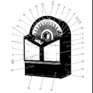May include: Black and white illustration of a vintage jukebox, labeled "Fig. 1". The jukebox has a rounded top with a speaker grill and a central circular dial. The front features a rectangular design with the word "Wurlitzer".