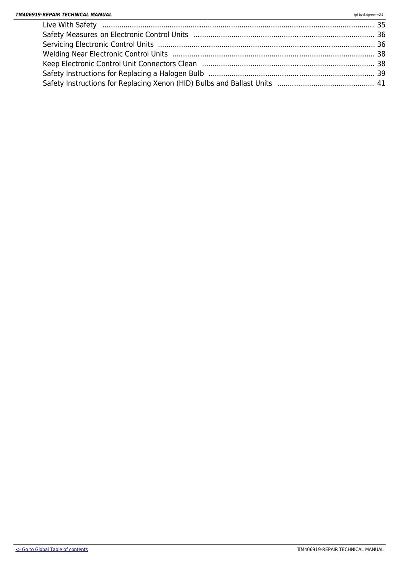 Pu&ograve; includere: Un manuale tecnico di riparazione in bianco e nero con il titolo "TM406919-REPAIR TECHNICAL MANUAL" e un indice che elenca le istruzioni di sicurezza per le unit&agrave; di controllo elettronico, le lampadine alogene e le lampadine allo xeno.