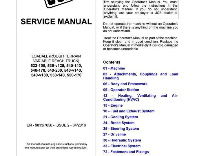JCB 533-105, 535-v125, 540-140, 540-170, 540-200, 540-v140, 540-v180, 550-140, 550-170 - Service Manual - Owners Manual (Pdf Download)