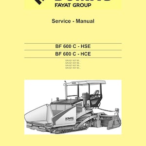 May include: A black and white illustration of a BOMAG road finisher, a type of construction equipment used to pave roads. The illustration shows the machine's front end, including the screed, tracks, and operator's cab. The text "BOMAG FAYAT GROUP" and "Road Finisher" are also visible in the image.