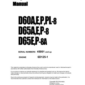 Puede incluir: Portada de manual de taller en blanco y negro con el título "Manual de taller" y los números de modelo "D60A,E,P,PL-8, D65A,EP-8, D65E,P-8A". Los números de serie son "45001 y superiores" y el motor es "6D125-1".