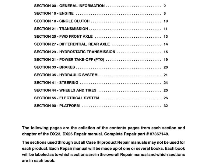 Case DX23, DX26- Repair Manual - Service Manual (Pdf Download)