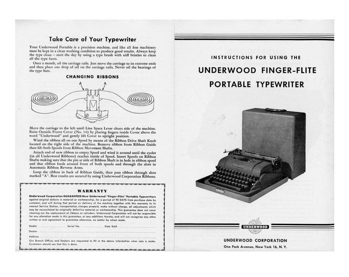 Underwood Finger Flite Typewriter Instruction Manual - User Manual - Complete User Guide