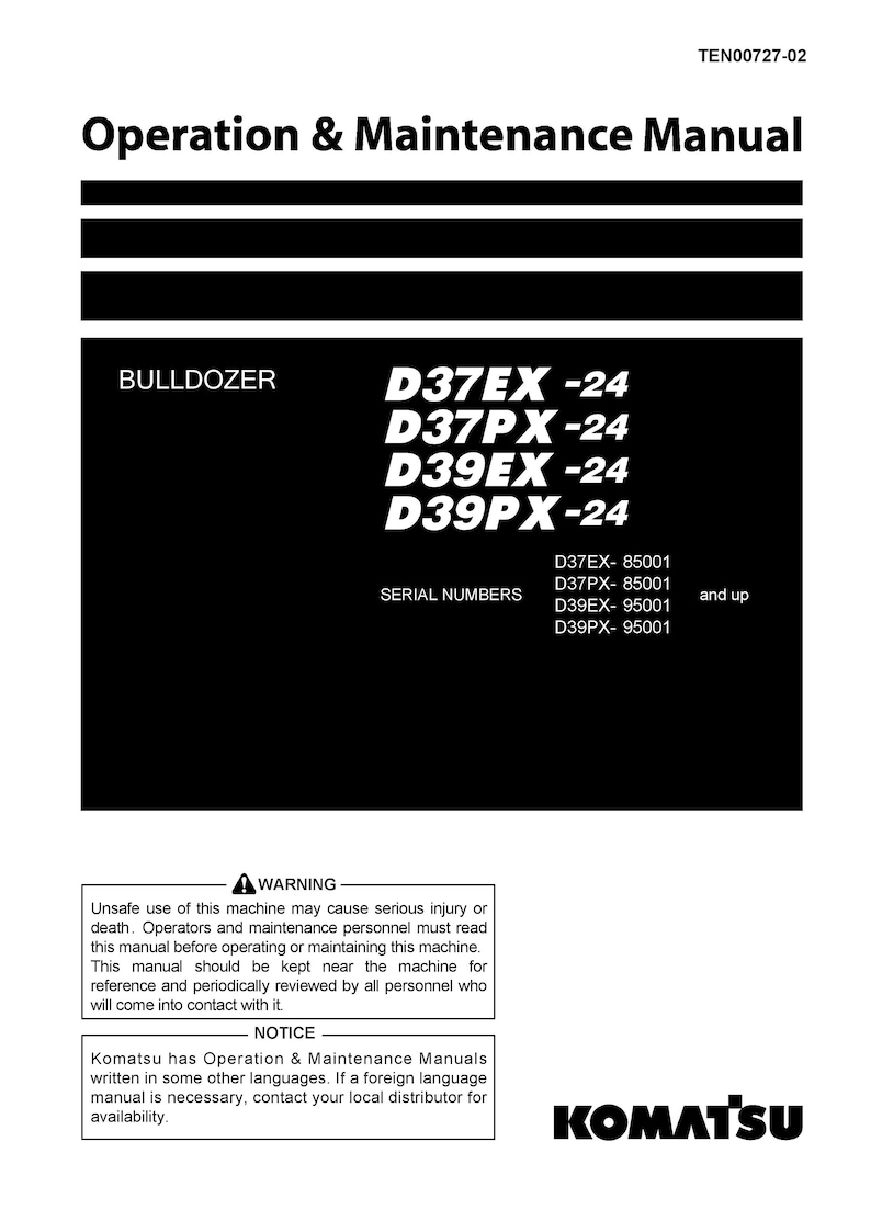 May include: Black and white operation and maintenance manual for Komatsu bulldozers, models D37EX-24, D37PX-24, D39EX-24, and D39PX-24. Serial numbers range from 85001 to 95001 and up.
