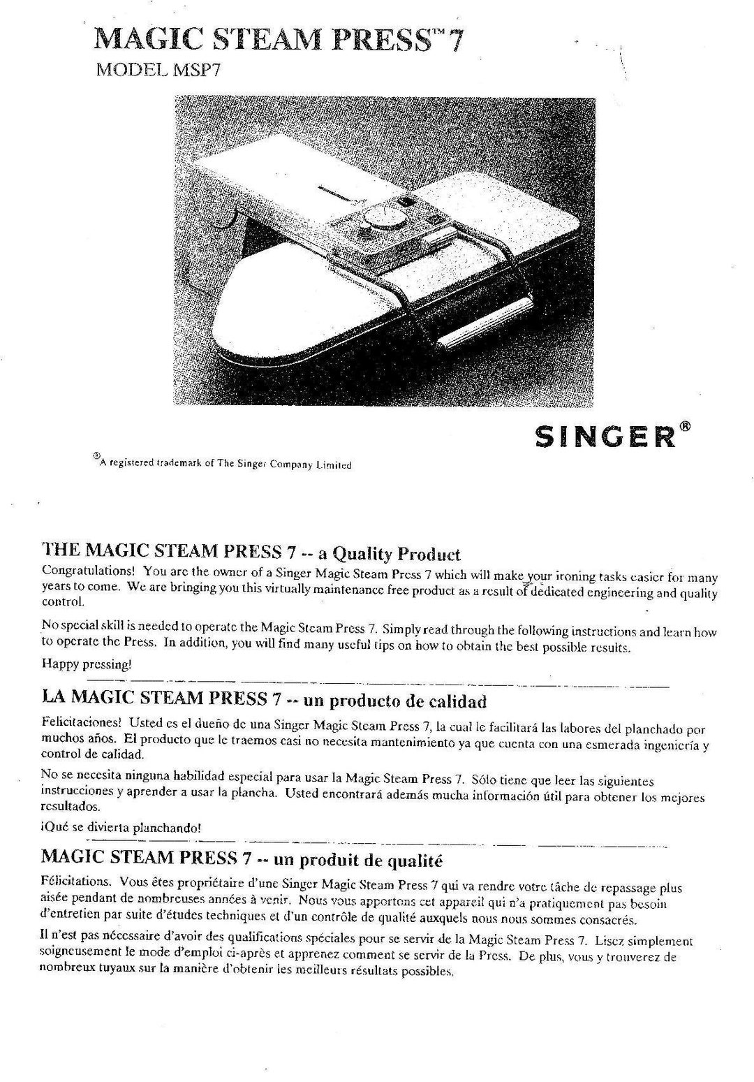 User manual Singer SteamCraft Plus (English - 48 pages)