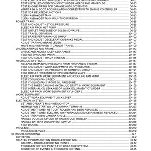 May include: A black and white index page with the title "Index" and "00 Index and Foreword" at the top. The page lists various test procedures for a piece of heavy equipment, including fuel circuit, cylinder cut-out mode operation, power train, undercarriage and frame, hydraulic system, work equipment, electrical system, and troubleshooting.