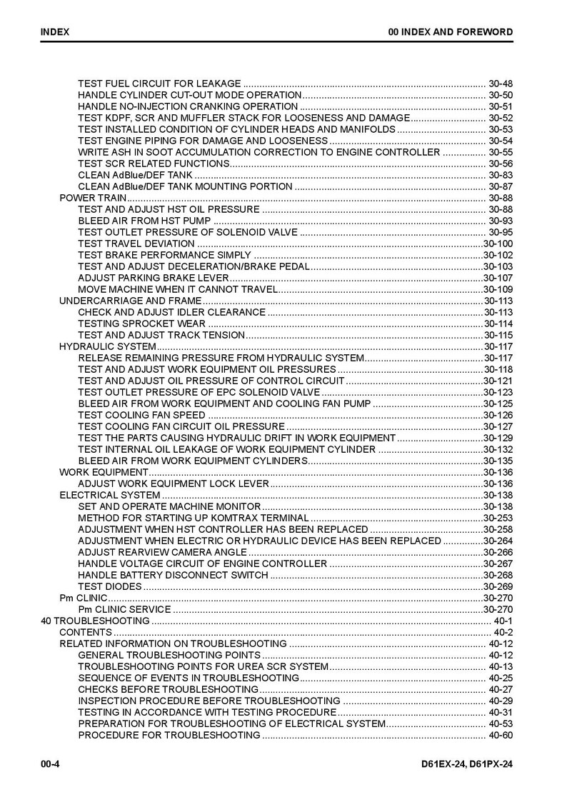 May include: A black and white index page with the title "Index" and "00 Index and Foreword" at the top. The page lists various test procedures for a piece of heavy equipment, including fuel circuit, cylinder cut-out mode operation, power train, undercarriage and frame, hydraulic system, work equipment, electrical system, and troubleshooting.