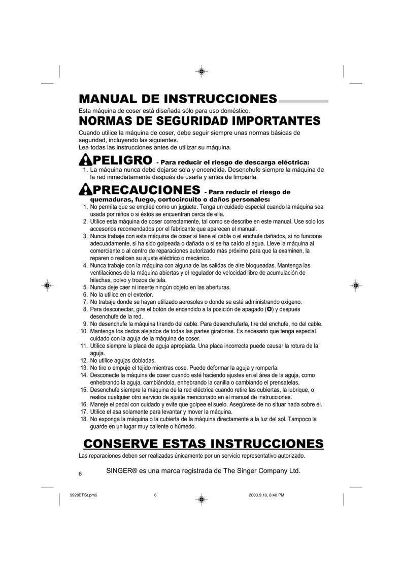 Singer 9920 Sewing Machine Instruction Manual User Manual Complete User ...