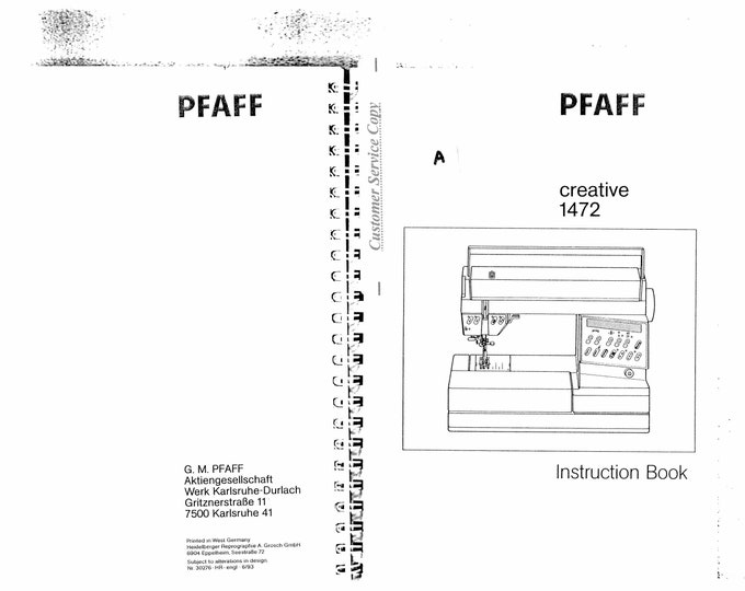 Pfaff Creative 1472 Sewing Machine Instruction Manual - User Manual - Complete User Guide - English