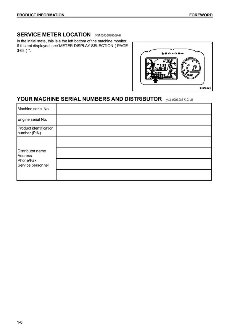 May include: A black and white image of a machine monitor with a digital display showing the time "1:23". The text "SERVICE METER LOCATION (HM-0000-20T-K-00-4)" is at the top of the image. The text "YOUR MACHINE SERIAL NUMBERS AND DISTRIBUTOR (ALL-0000-20E-K-01-A)" is at the bottom of the image.