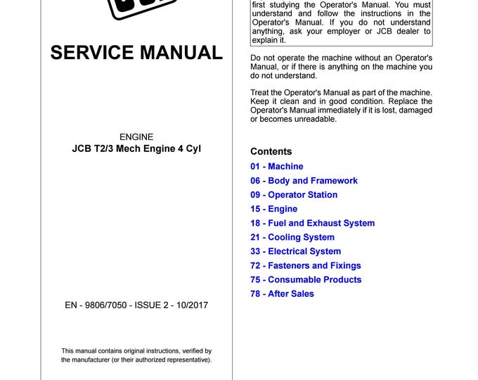 ENGINE JCB T2/3 Mech Engine 4 Cyl  - Workshop Manual - Service Manual- Owners manual  (pdf Download)
