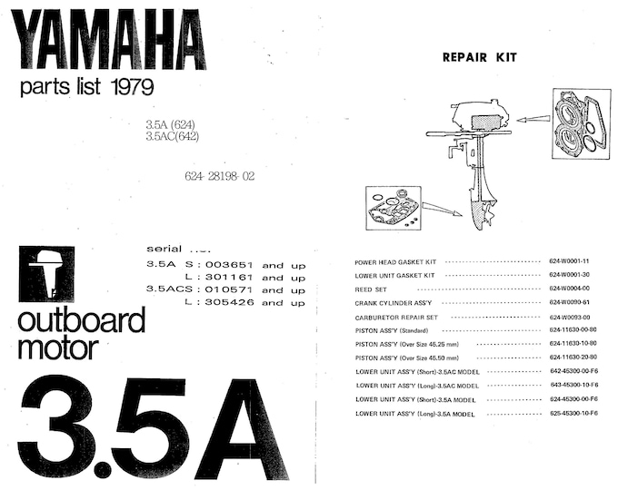 Yamaha - 3.5A 624 3.5AC 642 Outboard Motor Parts - Manual - Instruction Manual - User Guide