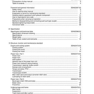Op de afbeelding: Inhoudsopgave voor een werkplaats handboek met een lijst van onderwerpen en de bijbehorende paginanummers. De onderwerpen omvatten index, voorwoord, specificatie, structuur, functie en onderhoudsstandaard. De handleiding is voor een D61EX, PX-15E0.