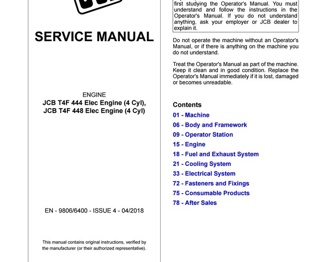 JCB ENGINE JCB T4F 444 Elec Engine (4 Cyl), T4F 448 Elec Engine (4 Cyl)  - Workshop Manual - Service Manual- Owners manual  (pdf Download)