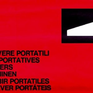 May include: A red background with black text listing the names of portable typewriters in multiple languages. The text reads: "MACCHINE PER SCRIVERE PORTATILI MACHINES A ECRIRE PORTATIVES PORTABLE TYPEWRITERS REISESCHREIBMASCHINEN MAQUINAS DE ESCRIBIR PORTATILES MÁQUINAS DE ESCREVER PORTÁTEIS". A black and white silhouette of a typewriter is in the upper right corner.