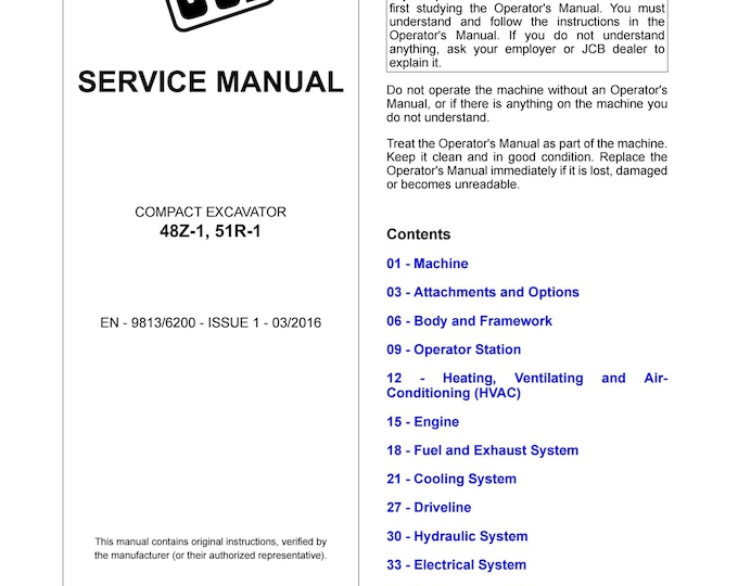 JCB COMPACT EXCAVATOR 48Z-1, 51R-1 - Service Manual - Parts Manual - Owners Manual (Pdf Download)