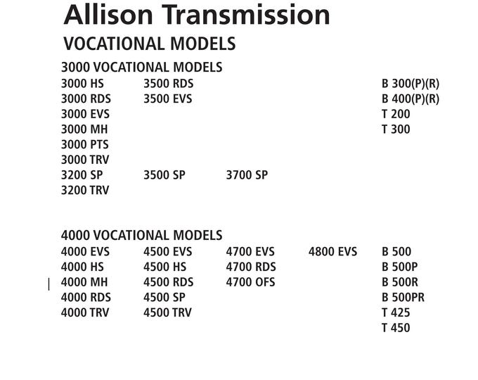 Allison Transmission VOCATIONAL MODELS - Workshop Manual - Service Manual - Parts Manual - Owners Manual (pdf Download)