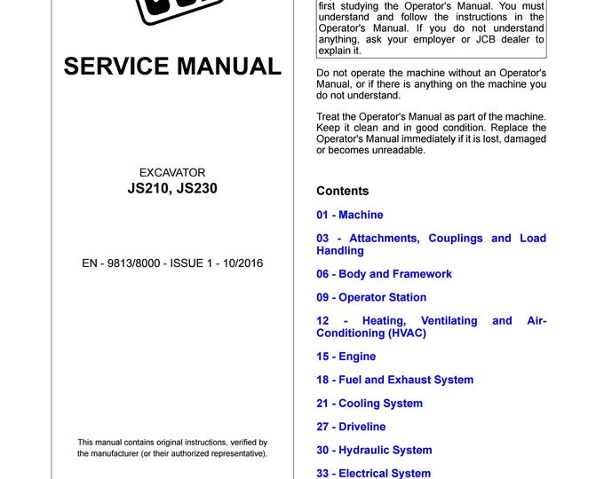 JCB EXCAVATOR JS210, JS230 - Service Manual - Owners Manual (Pdf Download)
