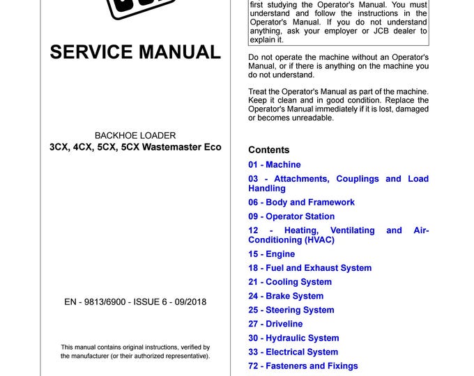 JCB 3CX, 4CX, 5CX, 5CX Wastemaster Eco - Service Manual - Parts Manual - Owners Manual (Pdf Download)
