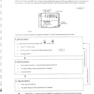 Peut inclure: Une page de manuel expliquant la programmation d'un juke-box. Elle comprend des schémas d'un circuit imprimé, d'un interrupteur coulissant et des instructions pour les niveaux de service 1, 2 et 3. Le texte explique comment programmer le juke-box.