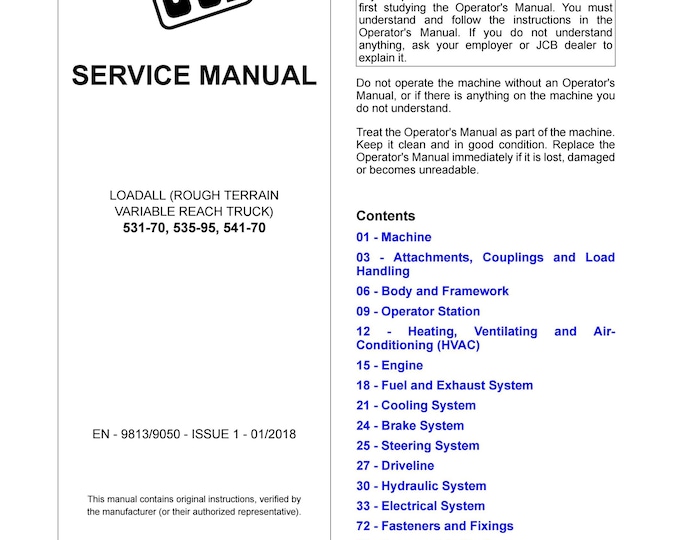 JCB LOADALL 531-70, 535-95, 541-70 - Service Manual - Owners Manual (Pdf Download)