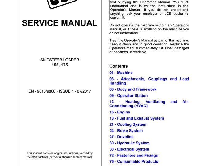 JCB SKIDSTEER LOADER 155, 175- Service Manual - Owners Manual (Pdf Download)