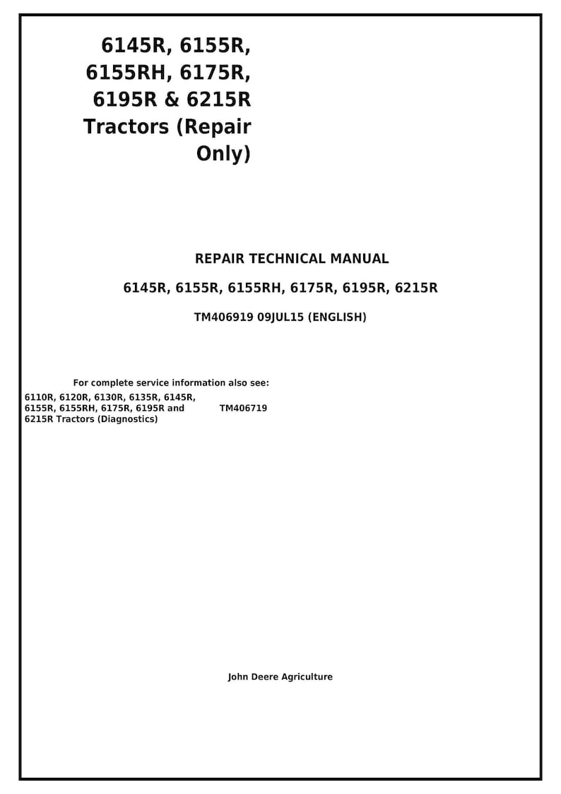 Pu&ograve; includere: Documento in bianco e nero con il titolo "Manuale tecnico di riparazione" per i trattori John Deere 6145R, 6155R, 6155RH, 6175R, 6195R e 6215R. Il documento include la data di pubblicazione 09JUL15 e il numero di documento TM406919.