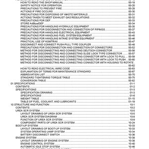 May include: A black and white index page with the title "Index" and a list of topics and page numbers. The topics include "Foreword, Safety, Basic Information", "How to Read the Shop Manual", "Safety Notice for Operation", "Precautions to Prevent Fire", "Actions if Fire Occurs", "Precautions for Disposing of Waste Materials", "Actions Taken to Meet Exhaust Gas Regulations", "Precautions for DEF", "Store AdBlue/DEF", "Precautions for Handling Hydraulic Equipment", "Precautions for Disconnection and Connection of Pipings", "Precautions for Handling Electrical Equipment", "Precautions for Handling Fuel System Equipment", "Precautions for Handling Intake System Equipment", "Practical Use of Komtrax", "Disconnect and Connect Push-Pull Type Coupler", "Precautions for Disconnection and Connection of Connectors", "Method for Disconnecting and Connecting Deutsch Connector", "Method for Disconnecting and Connecting Slide Lock Type Connector", "Method for Disconnecting and Connecting Connector with Lock to Pull", "Method for Disconnecting and Connecting Connector with Lock to Push", "Method for Disconnecting and Connecting Connector with Housing to Rotate", "How to Read Electrical Wire Code", "Explanation of Terms for Maintenance Standard", "Abbreviation List", "Standard Tightening Torque Table", "Conversion Table", "Specifications", "Contents", "Specifications", "Specification Drawing", "Specifications", "Weight Table", "Table of Fuel, Coolant, and Lubricants", "Structure and Function", "Contents", "Urea SCR System", "Layout Drawing of Urea SCR System", "Urea SCR System Diagram", "Function of Urea SCR System", "Component Parts of Urea SCR System", "Boot-Up System", "Layout Drawing of Boot-Up System", "System Operating Lamp System", "Battery Disconnect Switch", "Engine System", "Layout Drawing of Engine System", "Engine Control System", "Automatic Idle Stop System", "Component Parts of Engine System", "Cooling System", "Layout Drawing of Cooling System", "Cooling Fan Control System", "Component Parts of Cooling System".