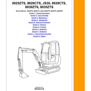 Puede incluir: Manual de servicio para equipos de construcción JCB, con los modelos 8025ZTS, 8026CTS, JS30, 8029CTS, 8030ZTS y 8035ZTS. Incluye un dibujo detallado de una mini excavadora y una tabla de contenidos.